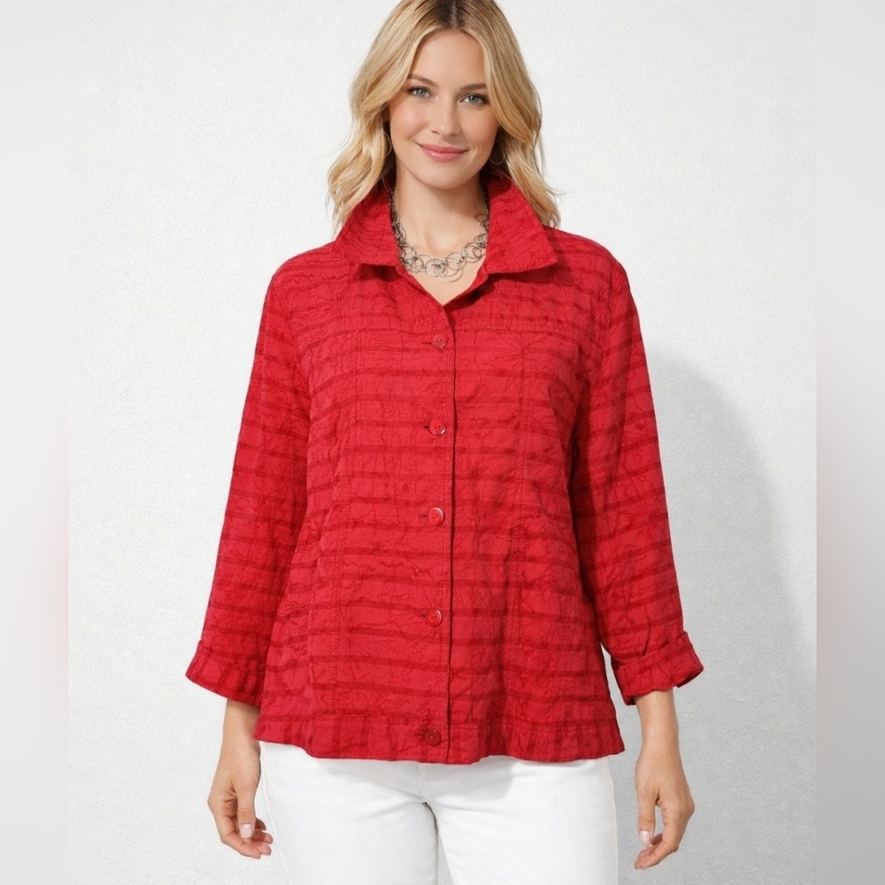 Coldwater Creek Large Red Silk Blend Jacket Floral Embroidered Button Front